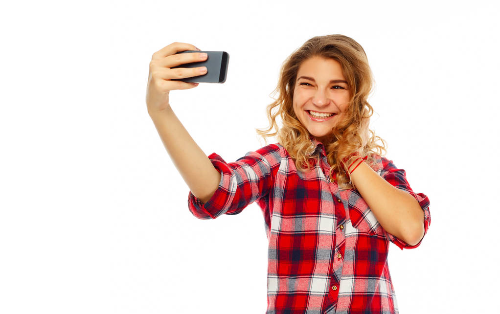 Selfie を引き継ぐ白 b 美しい若い学生の肖像画 - 写真・画像