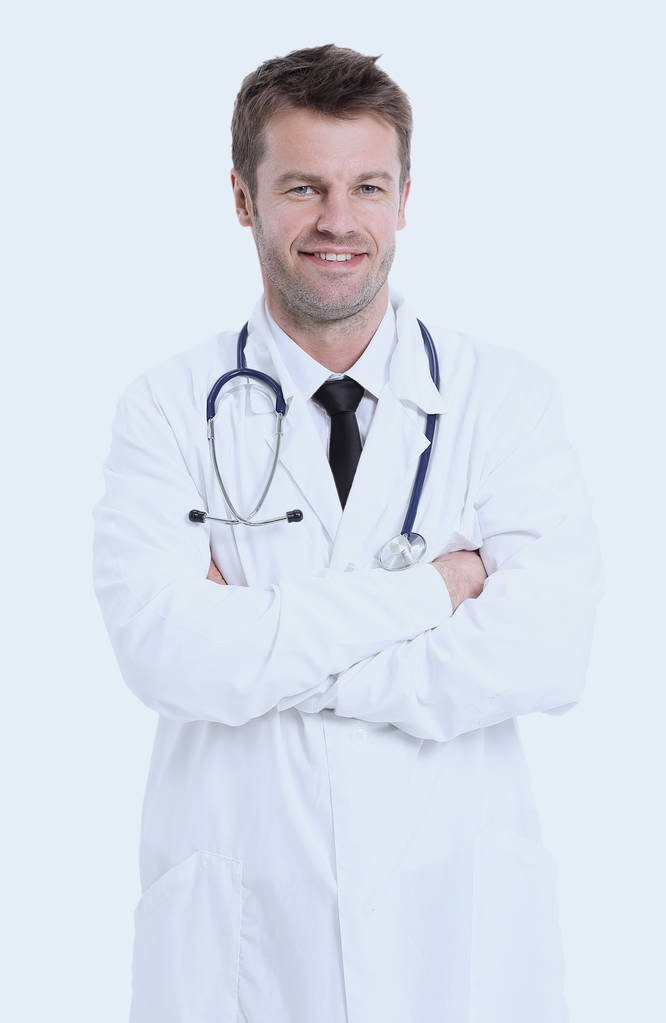Portret van vertrouwen arts op witte achtergrond - Foto, afbeelding