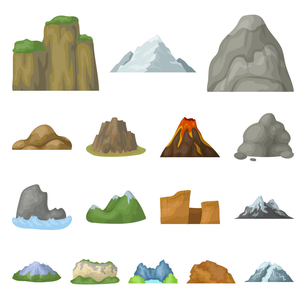 Διάφορα βουνά κινουμένων σχεδίων εικονίδια στη συλλογή σετ για σχεδιασμό. Βουνά και τοπίο σύμβολο μετοχής web εικονογράφηση διάνυσμα. - Διάνυσμα, εικόνα