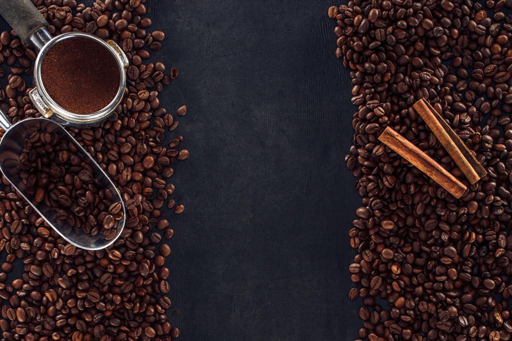 верхний вид жареных кофейных зерен с корицей палочки, кофе фальсификатор и совок на черный
 - Фото, изображение