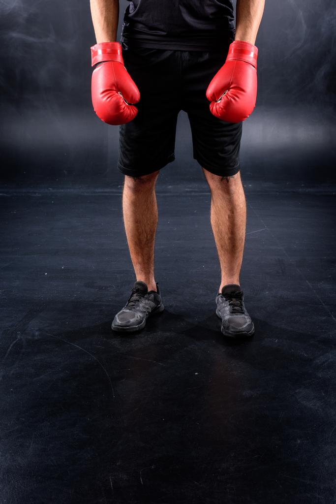 Schnappschuss eines Boxers in Handschuhen auf schwarz - Foto, Bild