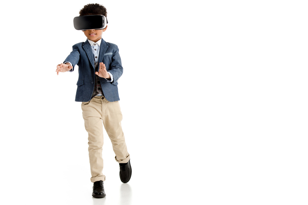 african american boy using vr headset and walking isolated on white - Photo, Image