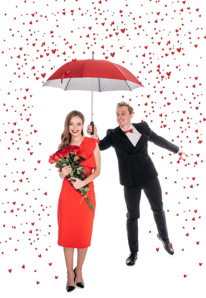 casal com guarda-chuva e rosas
 - Foto, Imagem