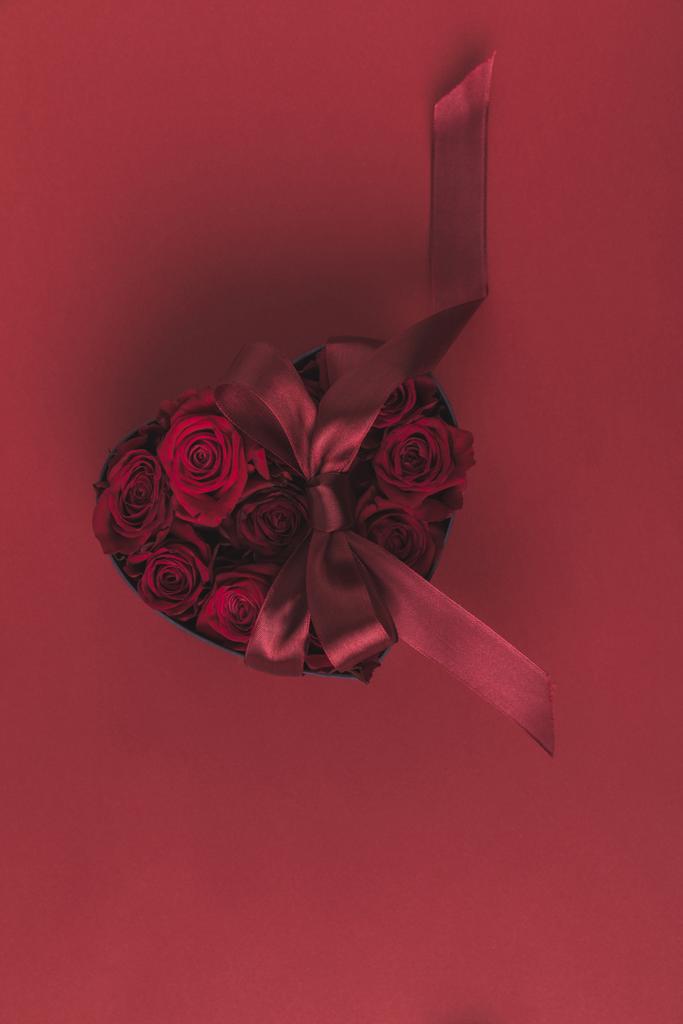 vista superior de rosas en forma de corazón caja de regalo con cinta aislada en rojo, San Valentín San Valentín concepto de vacaciones
 - Foto, imagen