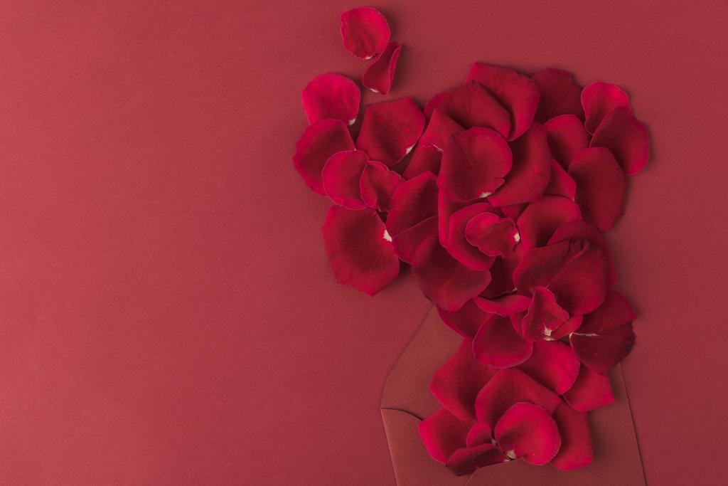 a rózsa szirmait és elszigetelt piros borítékot felülnézet - Fotó, kép