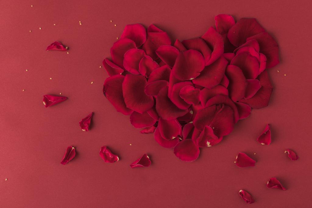 bovenaanzicht van hart gemaakt van bloemblaadjes van rozen geïsoleerd op rood - Foto, afbeelding