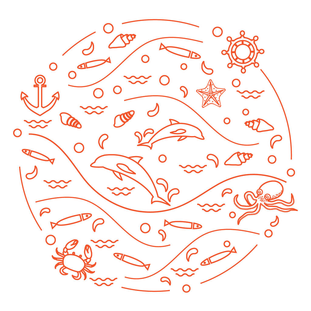 Yunuslar, ahtapot, balık, çapa, h ile sevimli vektör çizim - Vektör, Görsel