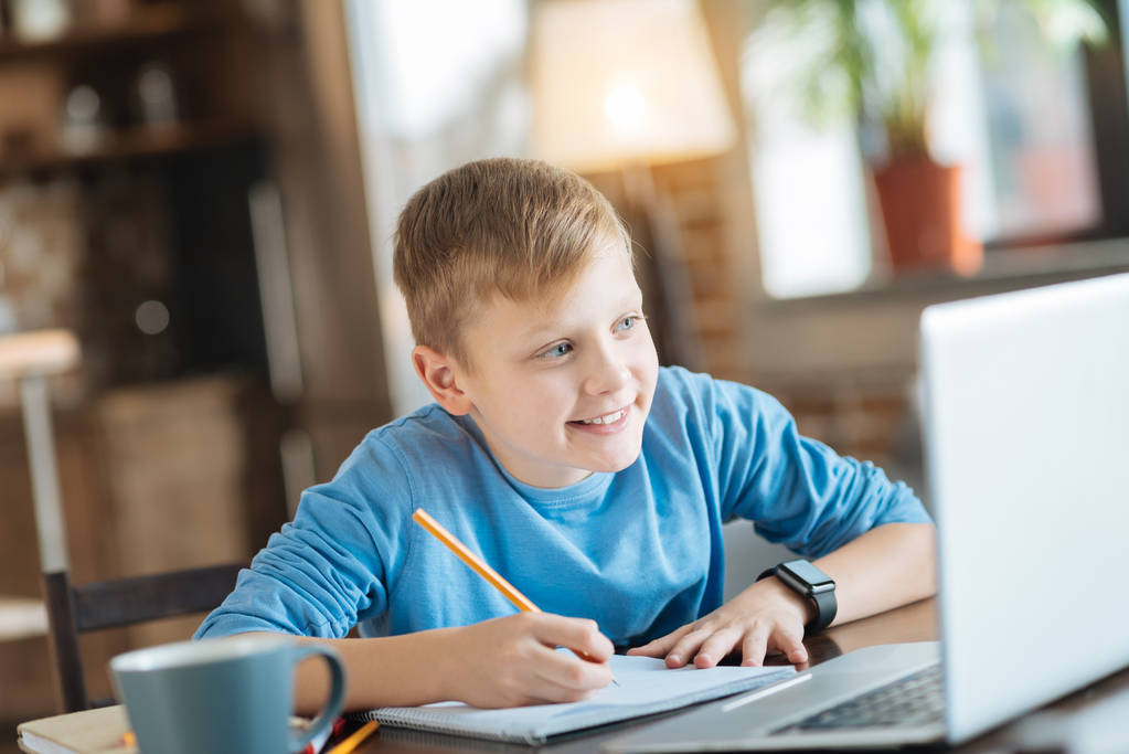 Positiivinen söpö poika katselee kannettavan tietokoneen näytön
 - Valokuva, kuva