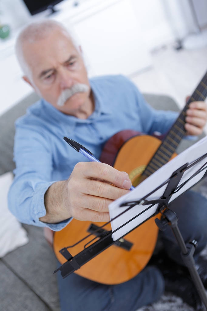single old men sitting on couch playing guitar - Photo, Image