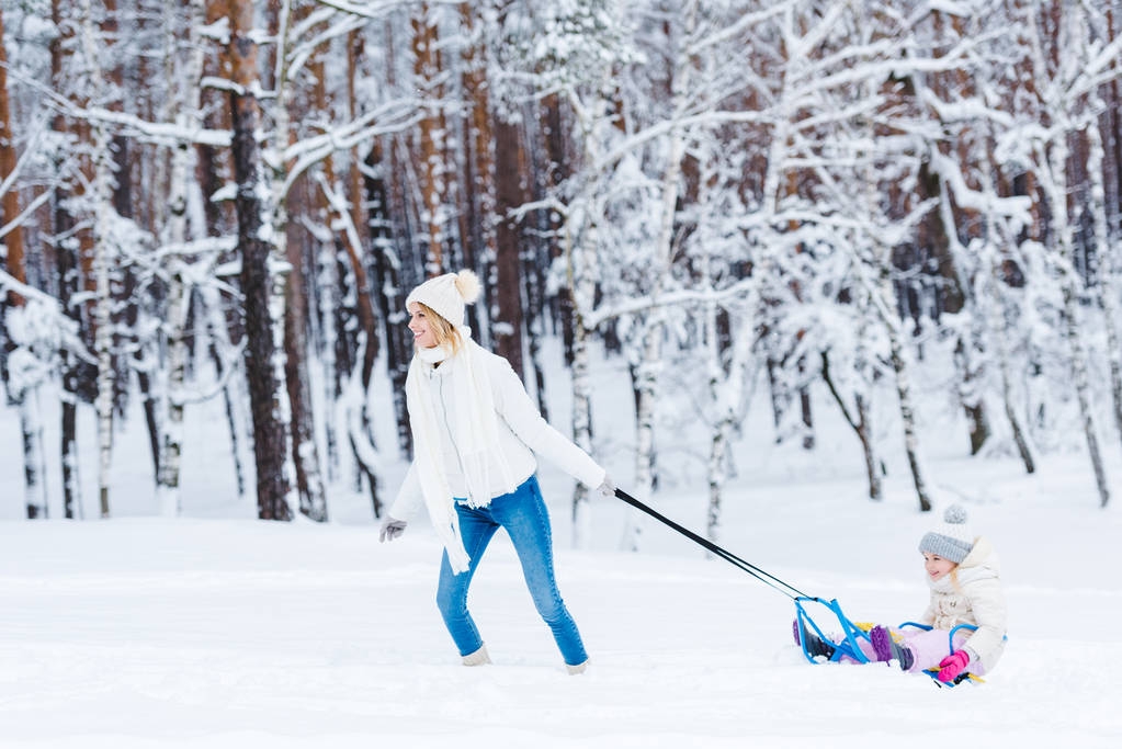 młoda matka i mała dziewczynka jazda na sankach w zimowym lesie razem - Zdjęcie, obraz
