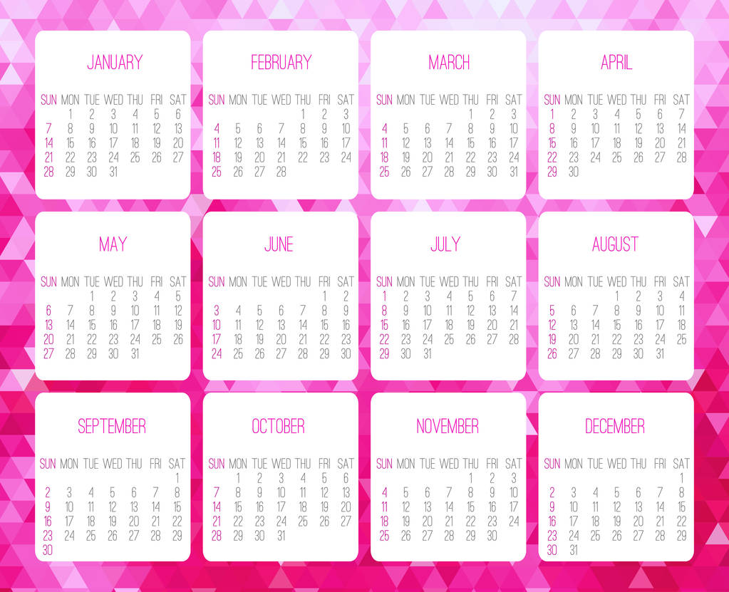 Year 2018 vector monthly calendar. Week starting from Sunday. Contemporary low poly design in vibrant pink color. - Vector, Image