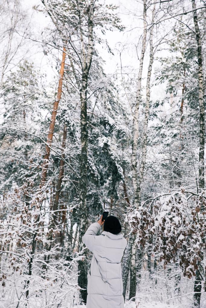 back view of woman taking photo of snowy forest by smartphone - Photo, Image