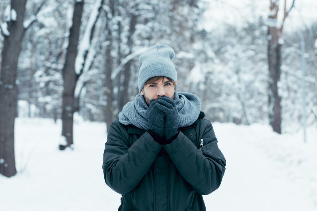 Πορτραίτο νεαρού ζέσταμα χέρια περπατώντας στο χιονισμένο πάρκο - Φωτογραφία, εικόνα