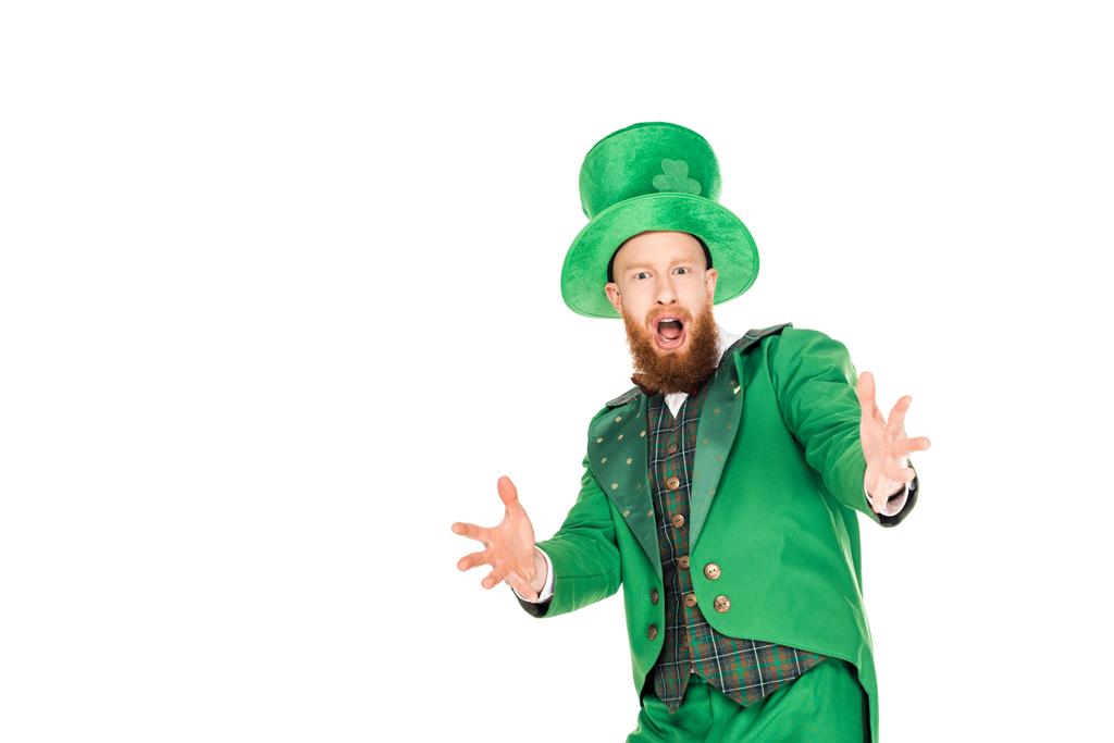 excited handsome leprechaun in green suit and hat, isolated on white - Photo, Image