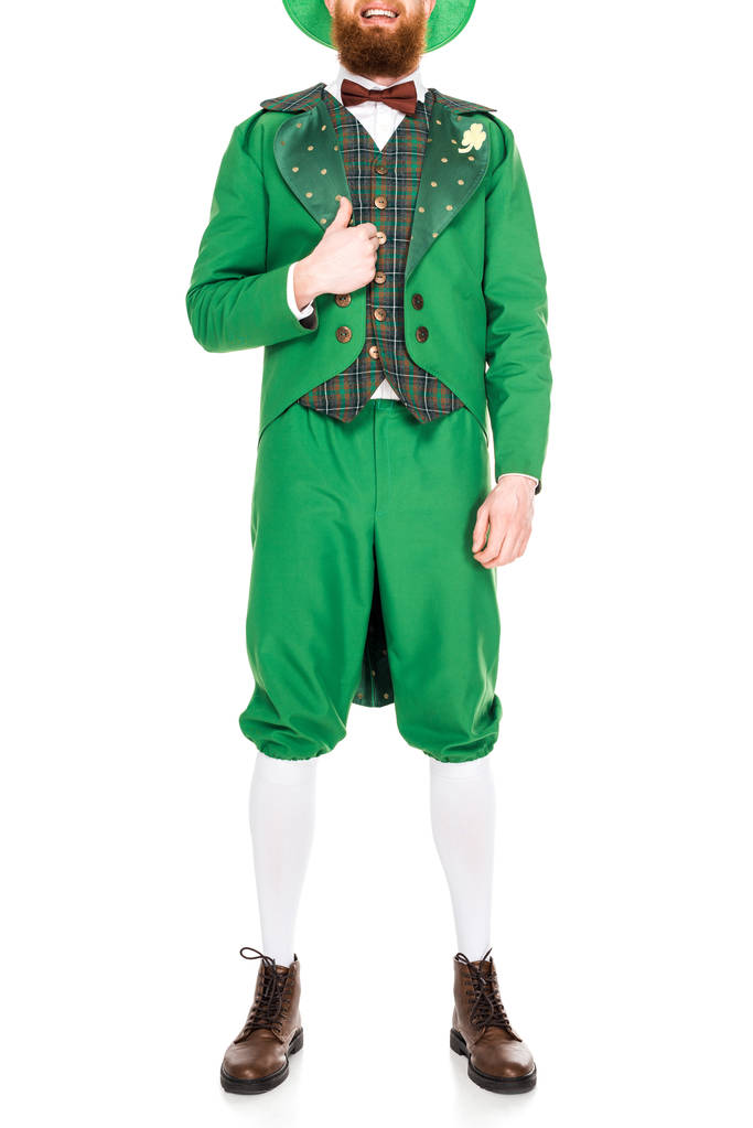 cropped view on leprechaun in green suit and hat with thumb up, isolated on white - Photo, Image