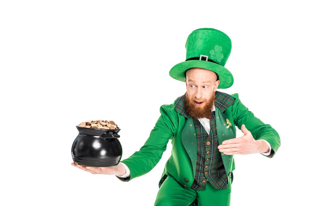 leprechaun in green suit presenting pot of gold, isolated on white  - Photo, Image