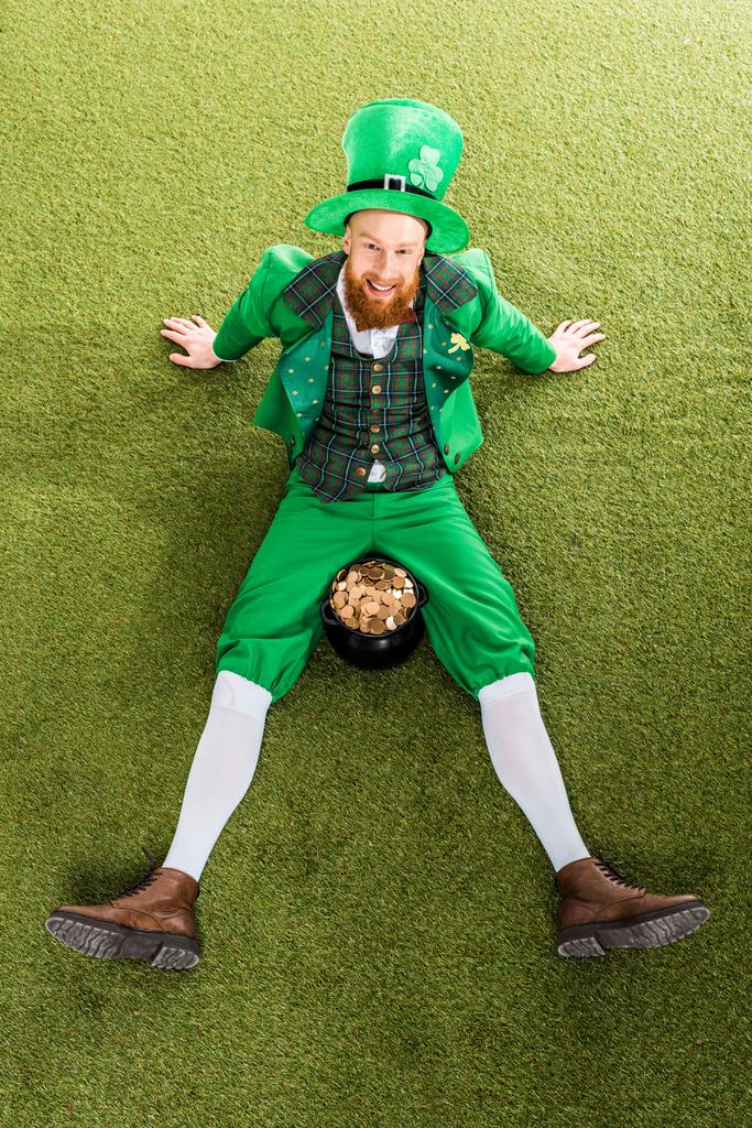leprechaun sorrindo com pote de ouro sentado na grama verde
 - Foto, Imagem