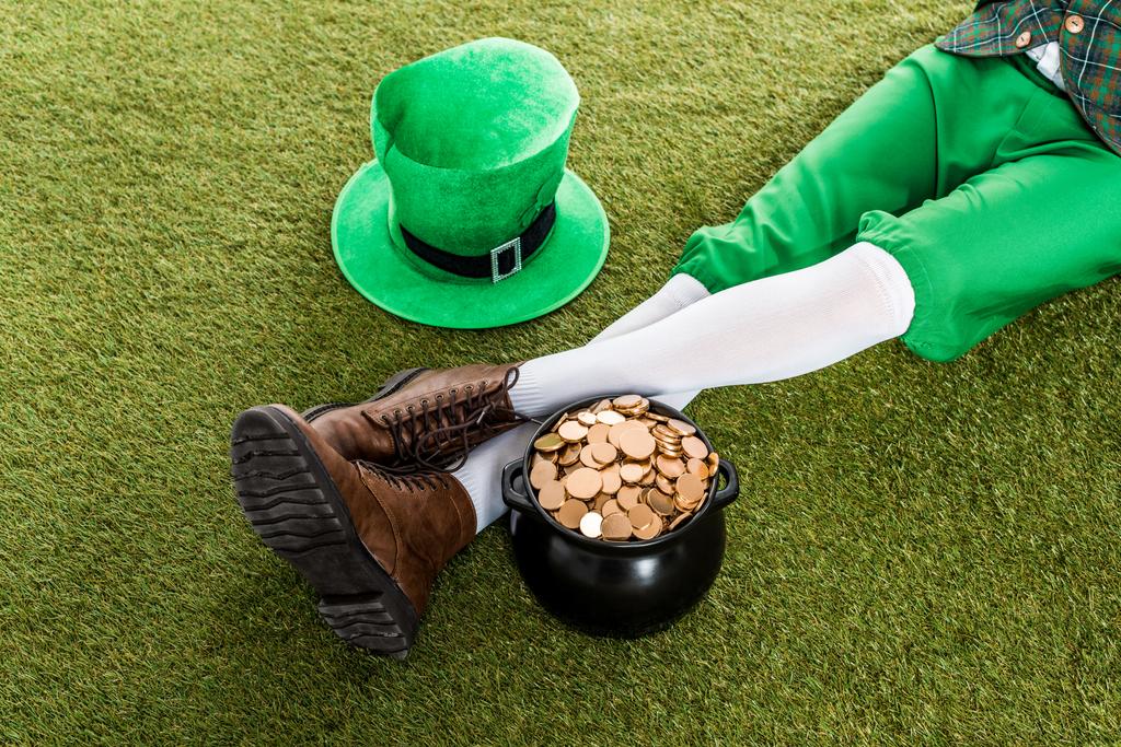 обрізаний вид лепречуна з капелюхом і горщиком із золота, що сидить на зеленій траві
 - Фото, зображення