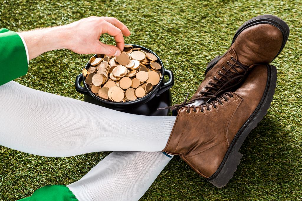 vista recortada de duende con monedas de oro en maceta sentado sobre hierba verde
 - Foto, imagen