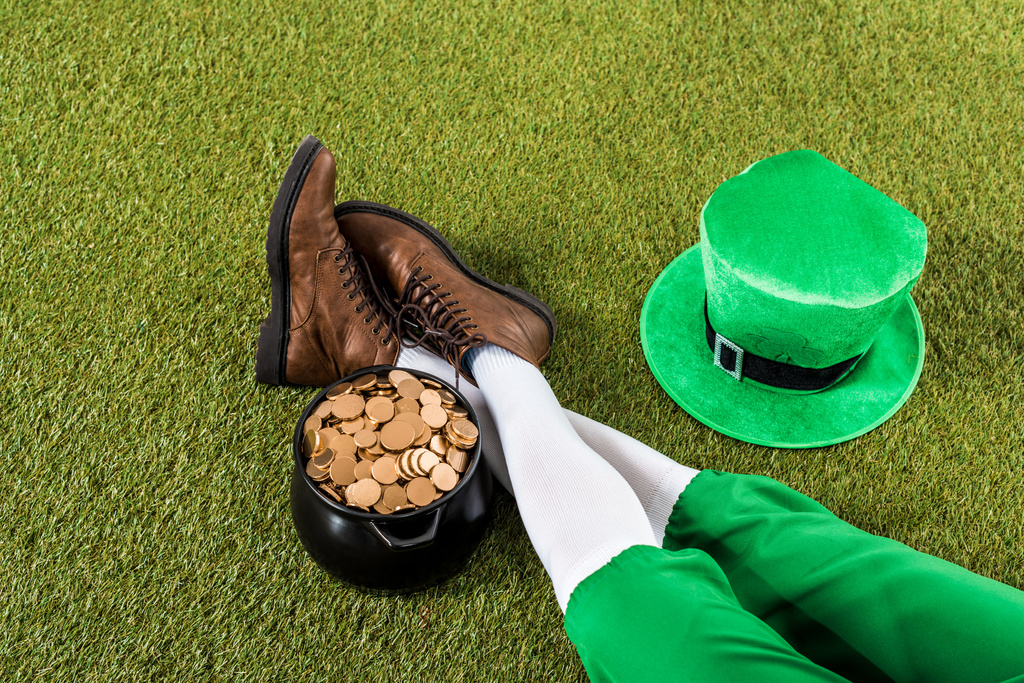 vista cortada de duende com pote de ouro e chapéu sentado na grama verde
 - Foto, Imagem