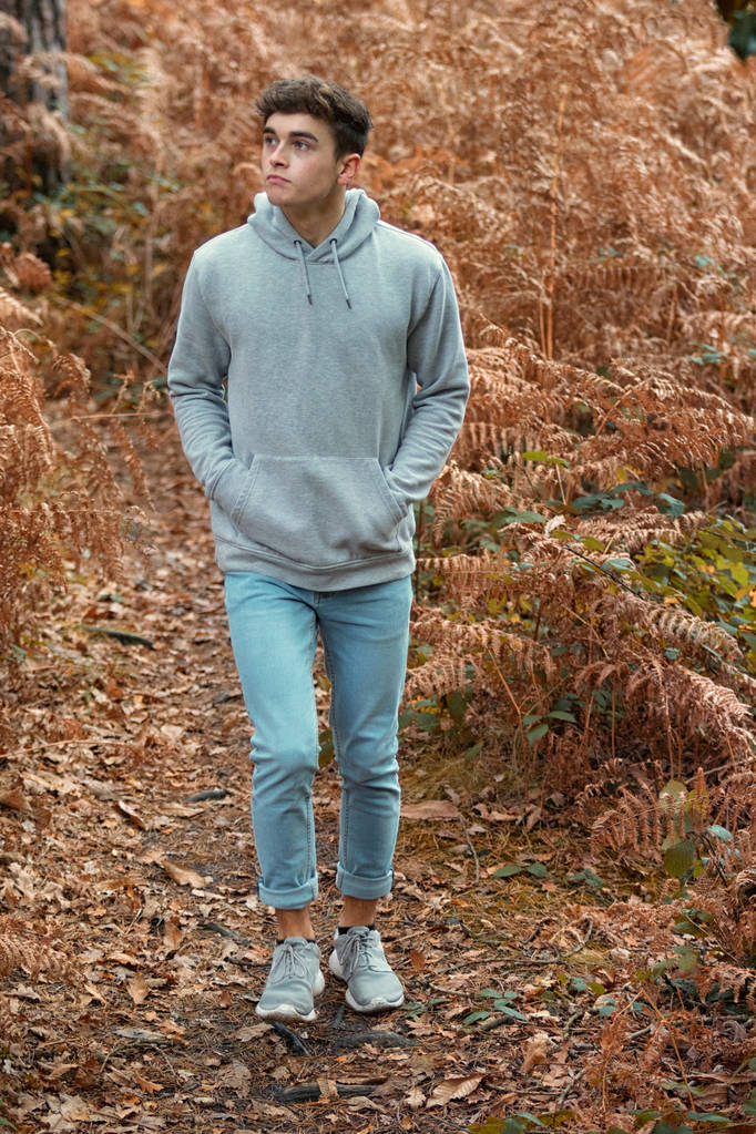Ragazzo adolescente che cammina attraverso un bosco in autunno
 - Foto, immagini