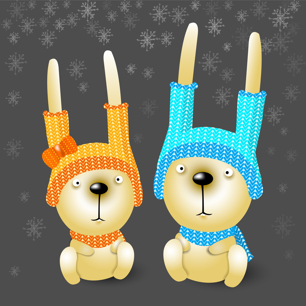 Two christmas rabbits in hats. - Vector, Image