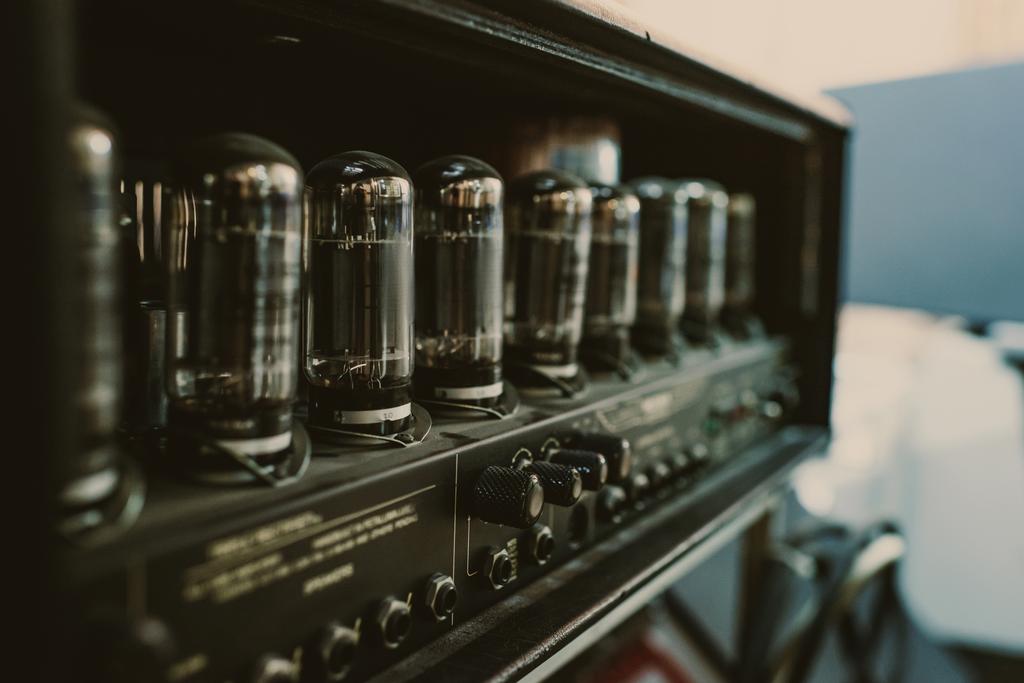 close-up shot of sound amplifier with lamps at recording studio - Photo, Image