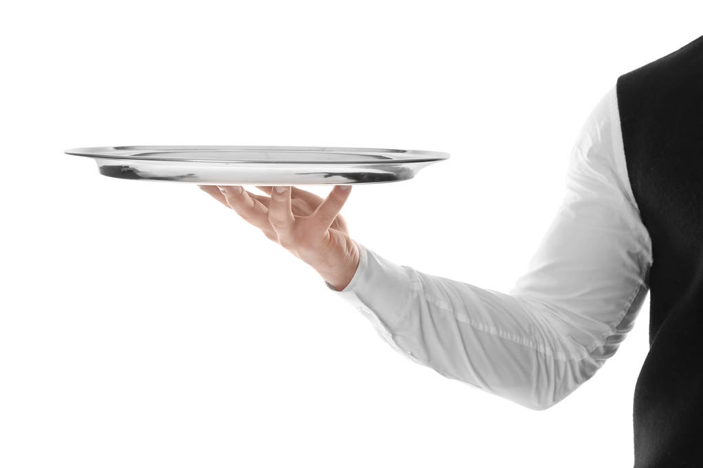 Σερβιτόρος με άδειο δίσκο σε λευκό φόντο - Φωτογραφία, εικόνα