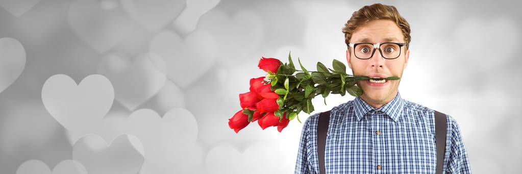 Ψηφιακός σύνθετος άνθρωπος του Αγίου Βαλεντίνου με τριαντάφυλλα και φόντο καρδιές αγάπη - Φωτογραφία, εικόνα