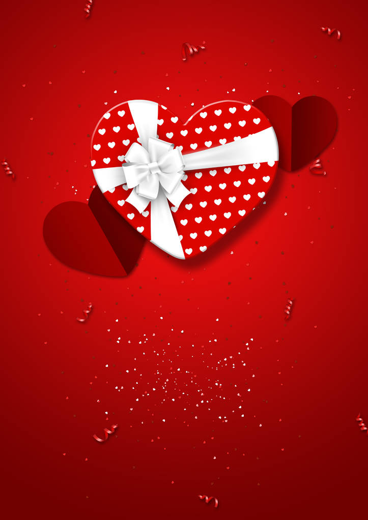 Happy Valentine's Day, webbanner. Samenstelling met een realistische cadeau in de vorm van een hart, papier hartjes en confetti op een rode achtergrond. Romantische achtergrond, Flyer, briefkaart, uitnodiging, bovenaanzicht. - Foto, afbeelding