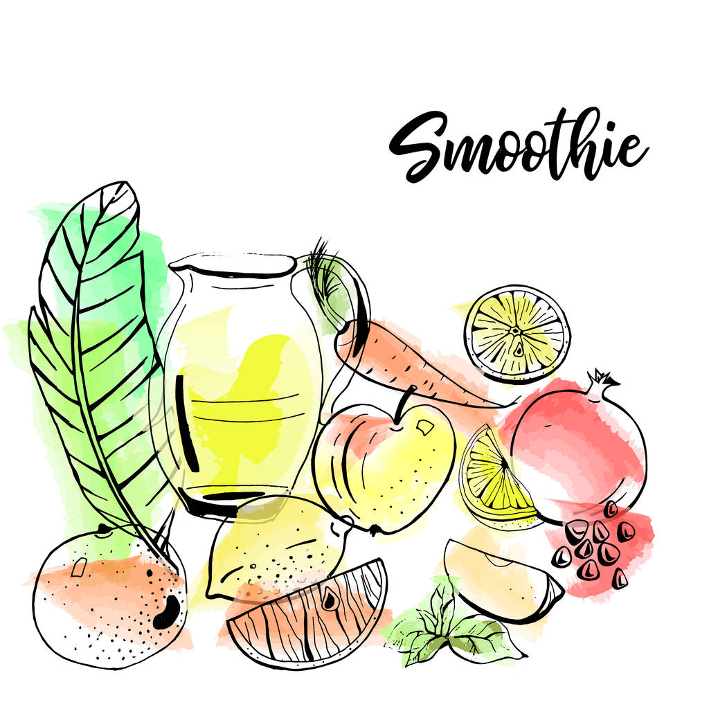 handgezeichnetes Vektorset mit original Smoothie-Früchten auf Aquarell-Hintergrund. - Vektor, Bild