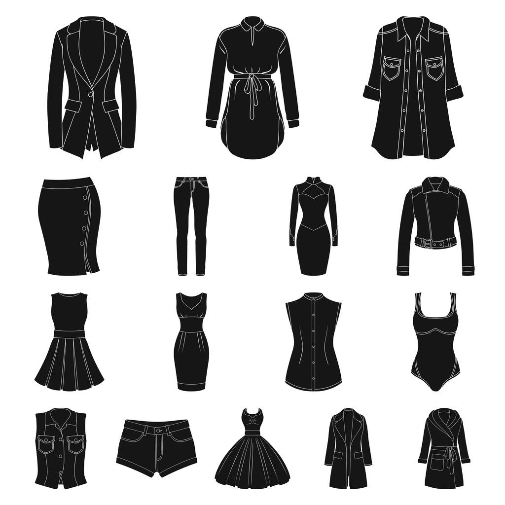 Женская одежда Черные иконки в наборе коллекции для design.Clothing сорта и аксессуары векторные символы веб-иллюстрации
. - Вектор,изображение