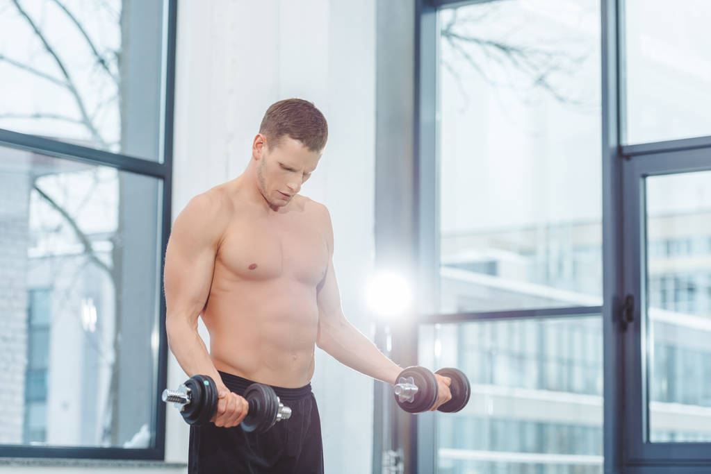 deportista musculoso sin camisa haciendo ejercicio con pesas en el gimnasio
 - Foto, Imagen