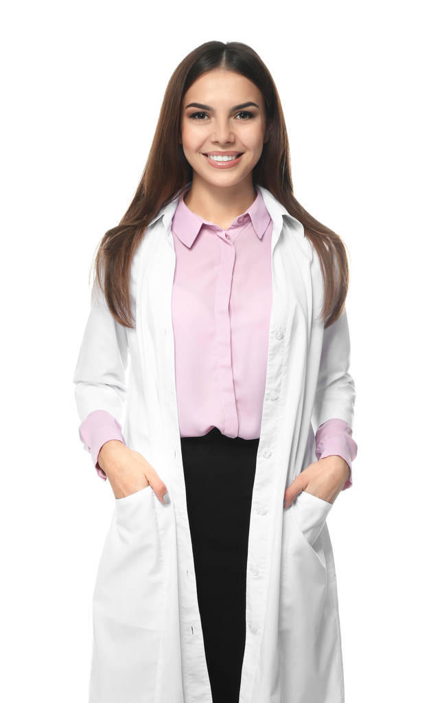 Farmacêutica jovem sobre fundo branco
 - Foto, Imagem