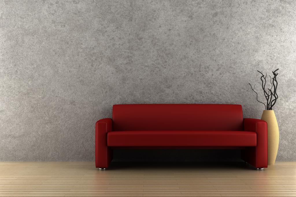 κόκκινο καναπέ και το βάζο με το ξηρό ξύλο - Φωτογραφία, εικόνα