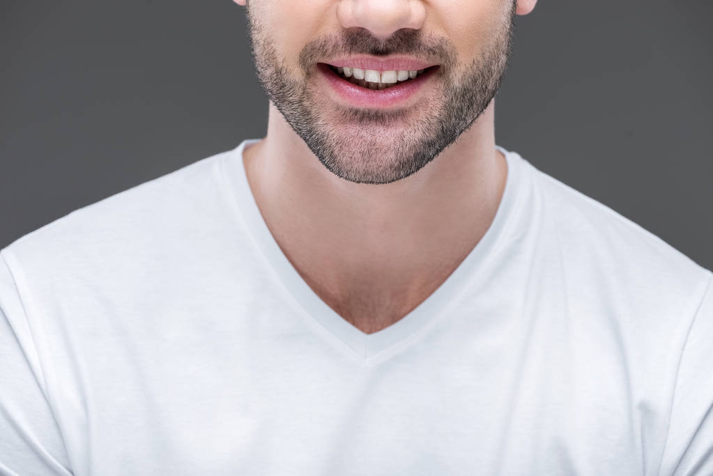 cropped view of smiling bearded man, isolated on grey - Photo, Image