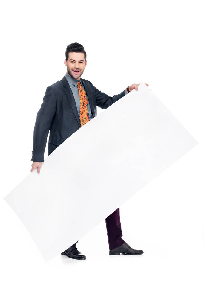bearded businessman in suit holding blank placard, isolated on white - Photo, Image