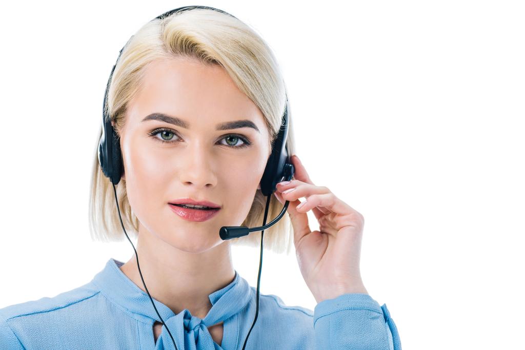 operador loira atraente trabalhando em fone de ouvido, isolado em branco
 - Foto, Imagem