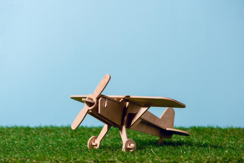 緑の草の小さな木製のおもちゃの飛行機のクローズ アップ ビュー - 写真・画像
