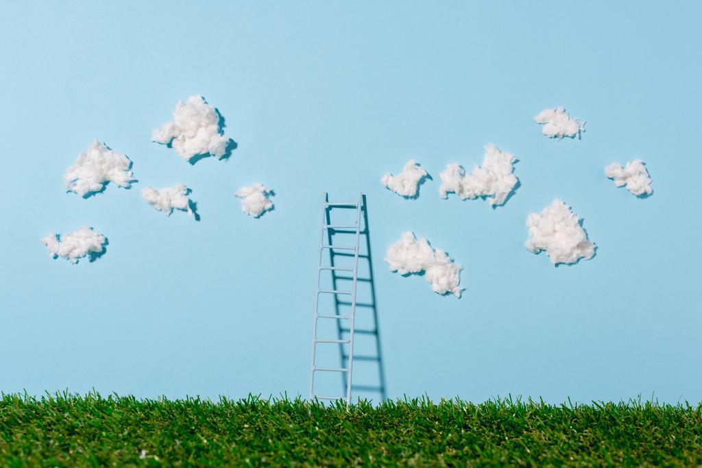 pequena escada em pé na grama verde e céu azul com nuvens
 - Foto, Imagem