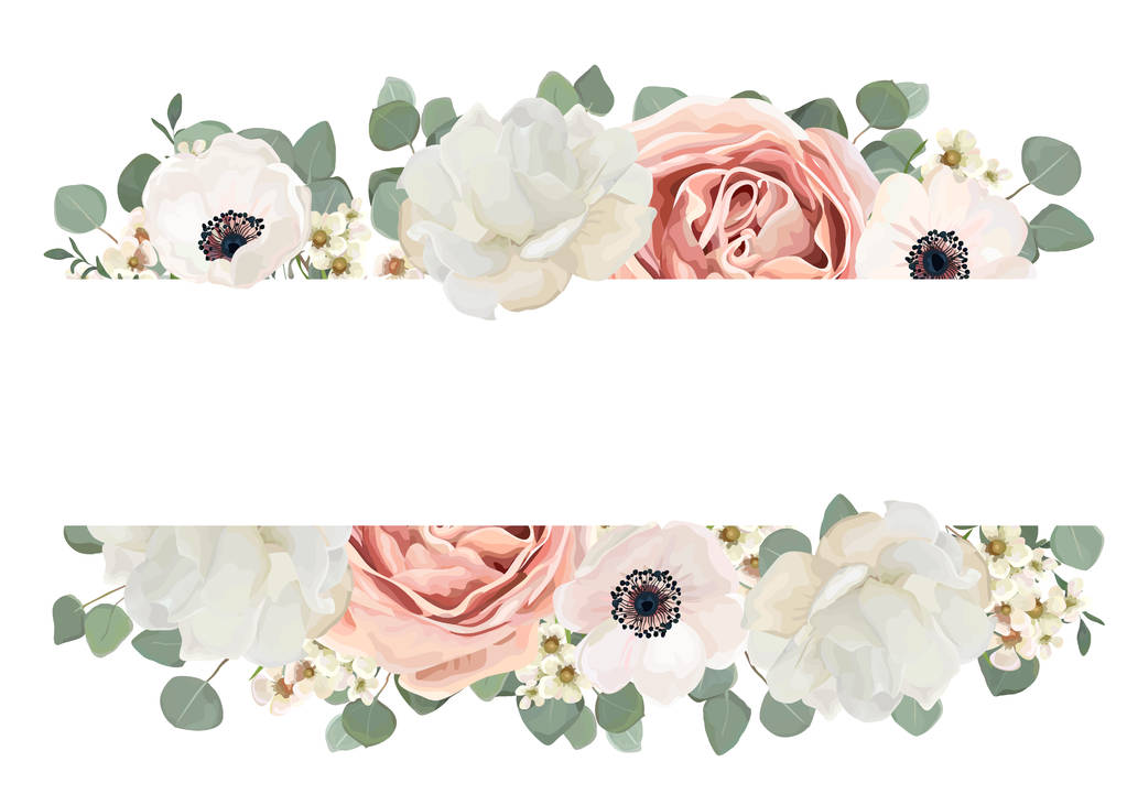Vektor květinovým kartu design s květ kytice z broskví, růžový prášek bílá růže, pivoňka vosk květiny mix eukalyptus zelená větev & listové zeleně. Elegantní hraniční rám & kopírovat prostor. Svatební nabídka pozvat - Vektor, obrázek