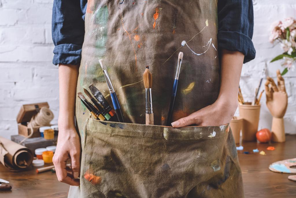 imagen recortada de artista con cepillos y mano en bolsillo delantal
 - Foto, Imagen