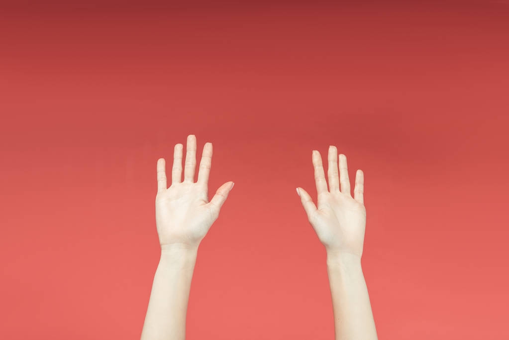 vista cortada de mãos femininas levantadas, isoladas em vermelho
 - Foto, Imagem