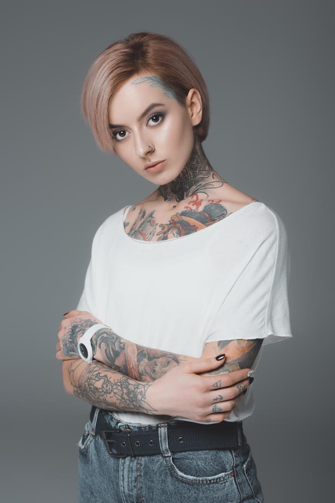 Portrait Of Beautiful Girl With Tattoos Standing Free Stock Photo and Image