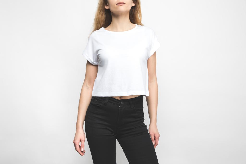 attractive young woman in blank t-shirt on white - Photo, Image