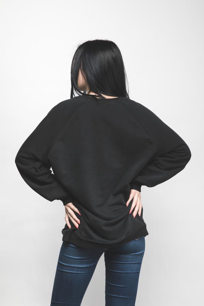 back view of young woman in blank sweatshirt on white - Photo, Image