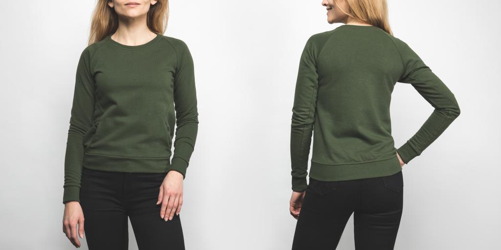 Vorder- und Rückansicht einer Frau in leerem grünen Sweatshirt isoliert auf Weiß - Foto, Bild