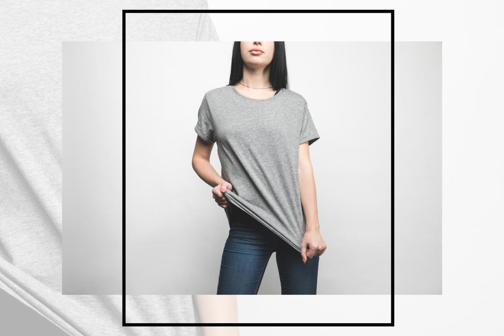 elegantní mladá žena v prázdné šedé tričko na bílém s kreativní rámec - Fotografie, Obrázek