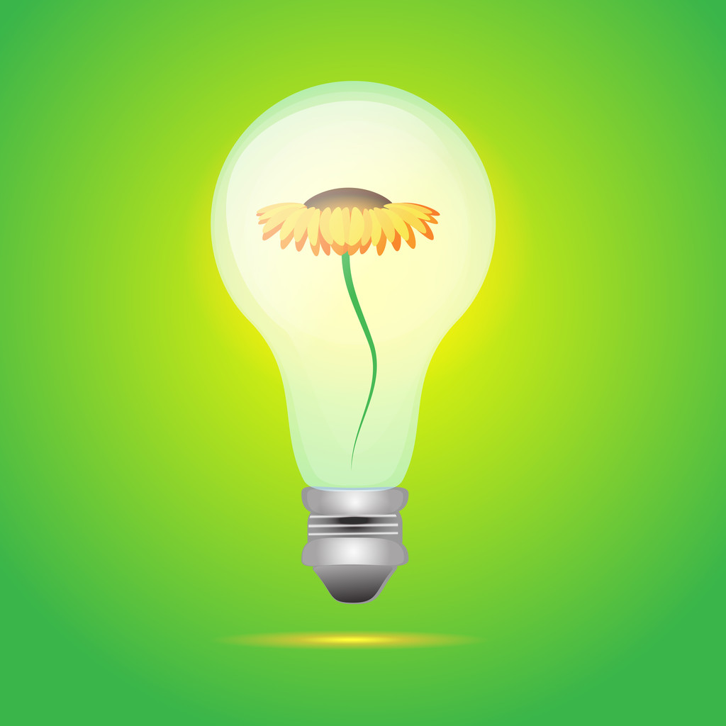 電球電気緑の背景の上に黄色の花。ベクトル イラスト - ベクター画像