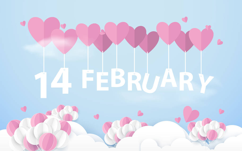 14 février suspendu avec des ballons Pink Heart dans le ciel. Joyeuse Saint Valentin. Art et artisanat du papier
 - Vecteur, image
